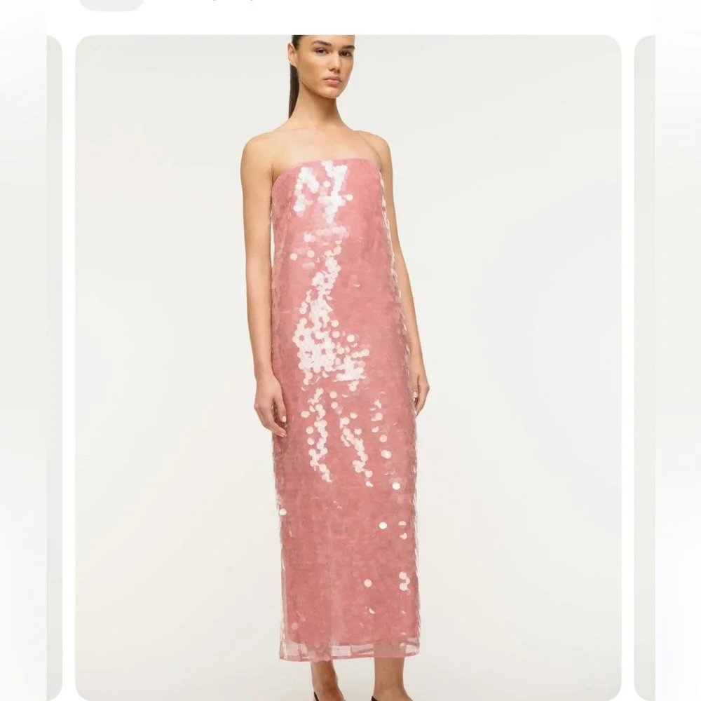 STAUD Casey Dress Pink Sequin Midi - Picture 3 of 5